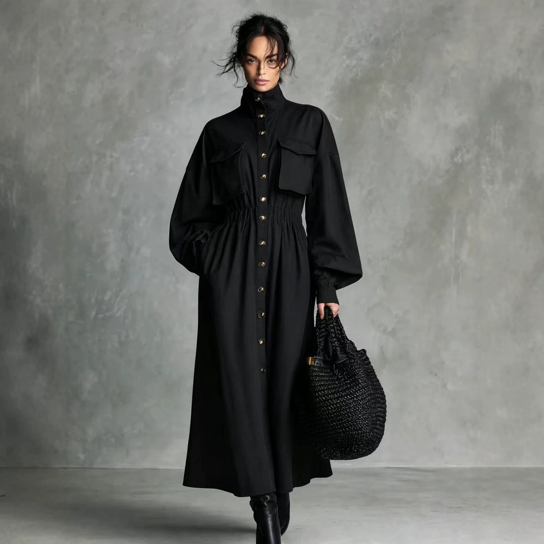 Damen Elegantes Hemdkleid mit Taschen und Taillengürtel Drune
