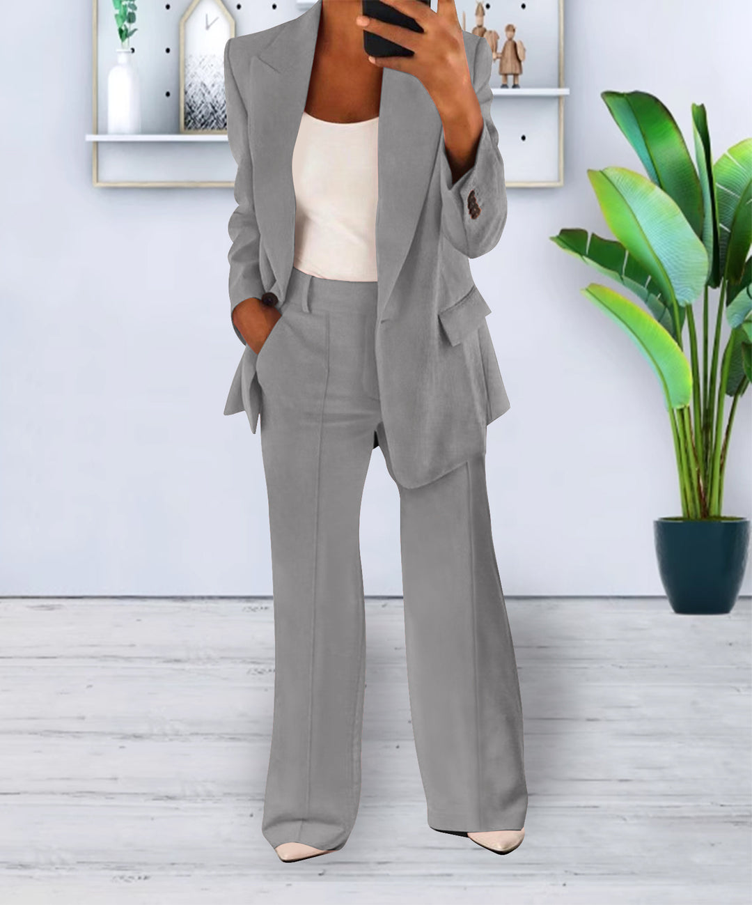 Damen Zweiteiliges Business-Casual Tailoring-Set mit Longline-Blazer und weitem Bundfalten-Hosenbein Drune