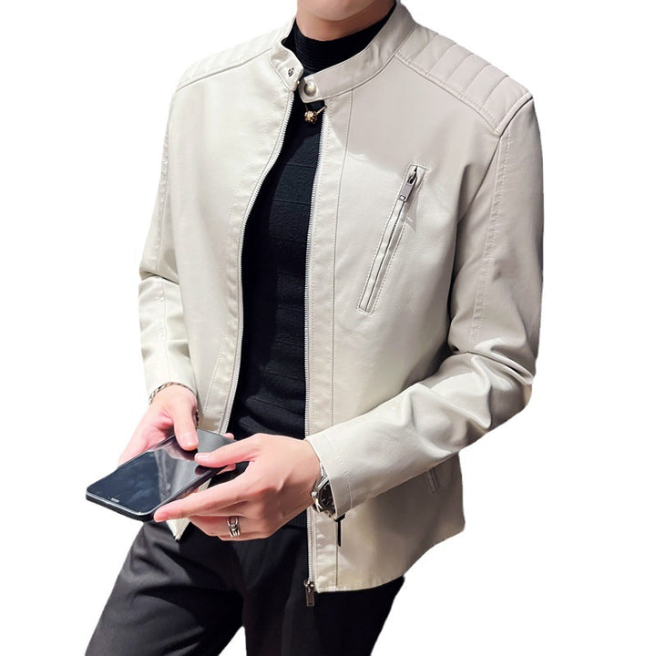 Herren Schlanke Kunstleder-Bikerjacke mit Stehkragen, Steppeinsätzen und Reißverschlusstaschen Drune