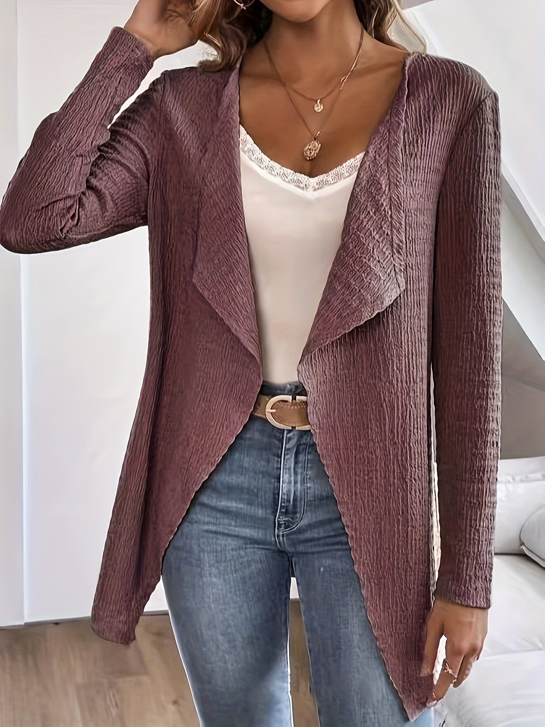 Damen Wasserfall-Blazer aus Crinkle-Struktur, leicht und offen Drune