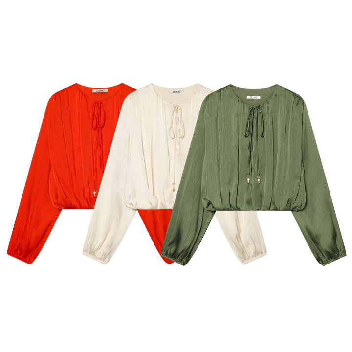 Damen Plissierte Cropped-Bluse mit Kordelzug und Ballonärmeln Drune
