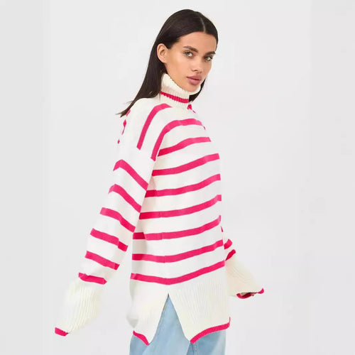 Damen gestrickter Rollkragenpullover mit modernem Streifenmuster und weitem Schnitt Drune