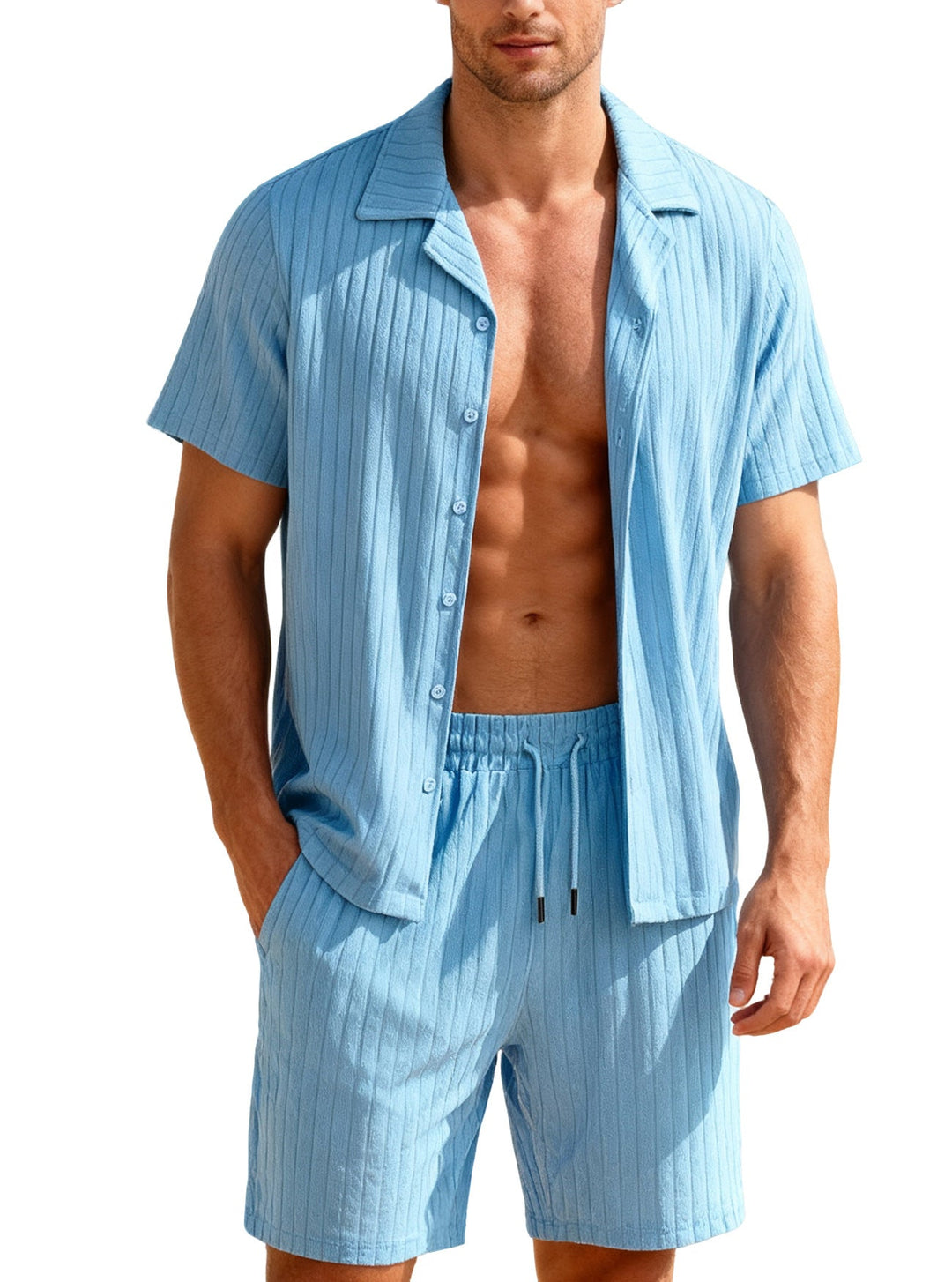 Herren nan geripptes Feinstrick-Lounge-Set mit kurzärmligem Revershemd und Kordelshorts Drune