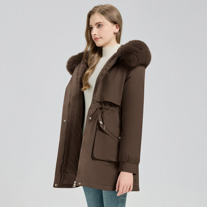 Damen Midilanger Thermoparka mit Teddy-Innenfutter, abnehmbarem Kunstpelzkragen und Taillenregulierung Drune