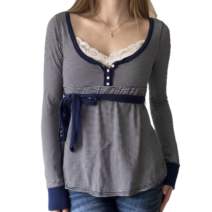 Damen Umstands- und Stillbluse mit Empire-Naht, Knopfleiste und Bindegürtel Drune