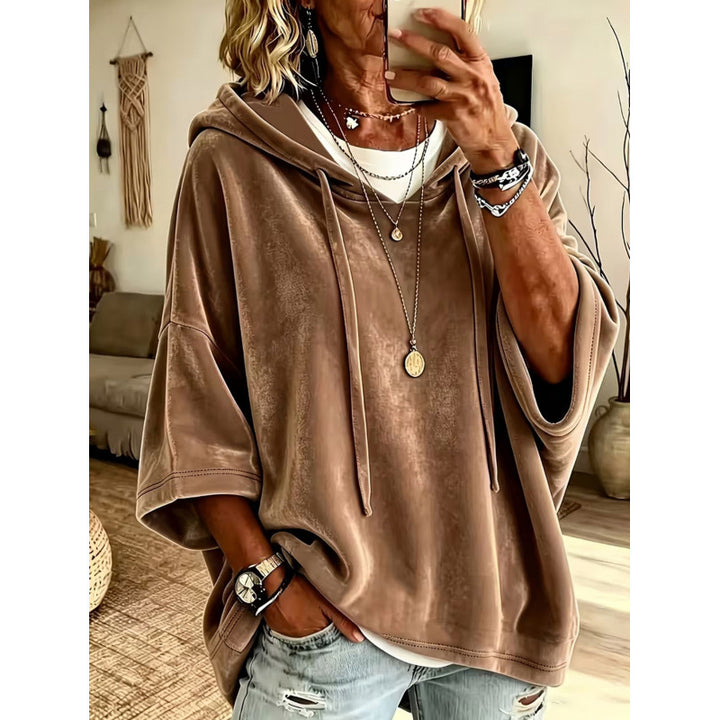Damen Luxuriöser Samt-Hoodie mit Kimono-Kurzärmeln und Tunnelzug Drune