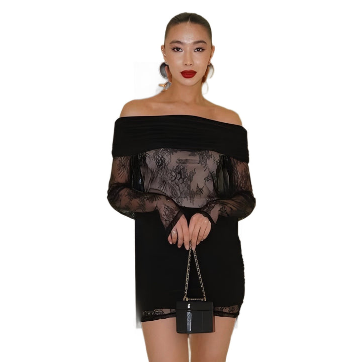 Damen Elegantes Spitzenkleid mit schulterfreier Silhouette und transparenten Ärmeln Drune