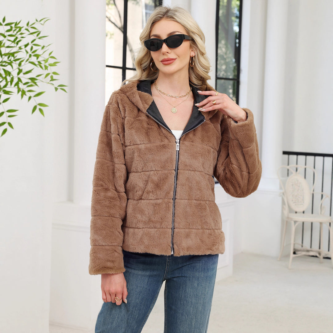 Damen Kuschelige Oversized-Fleecejacke mit Reißverschluss und Kapuze Drune