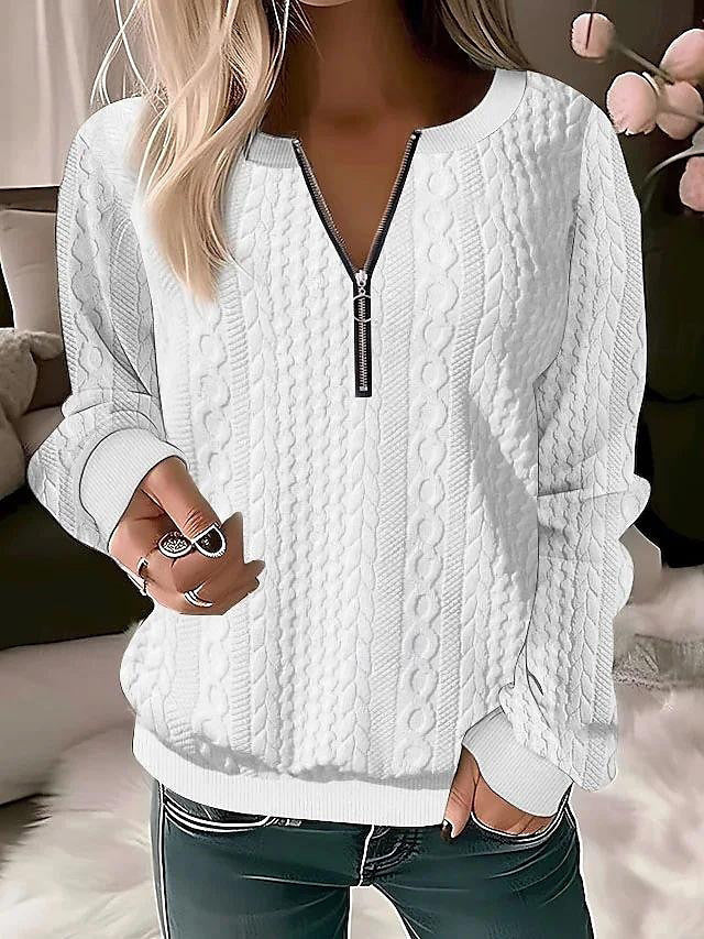 Damen Strickpullover mit Zopfmuster und halbem Reißverschluss Drune