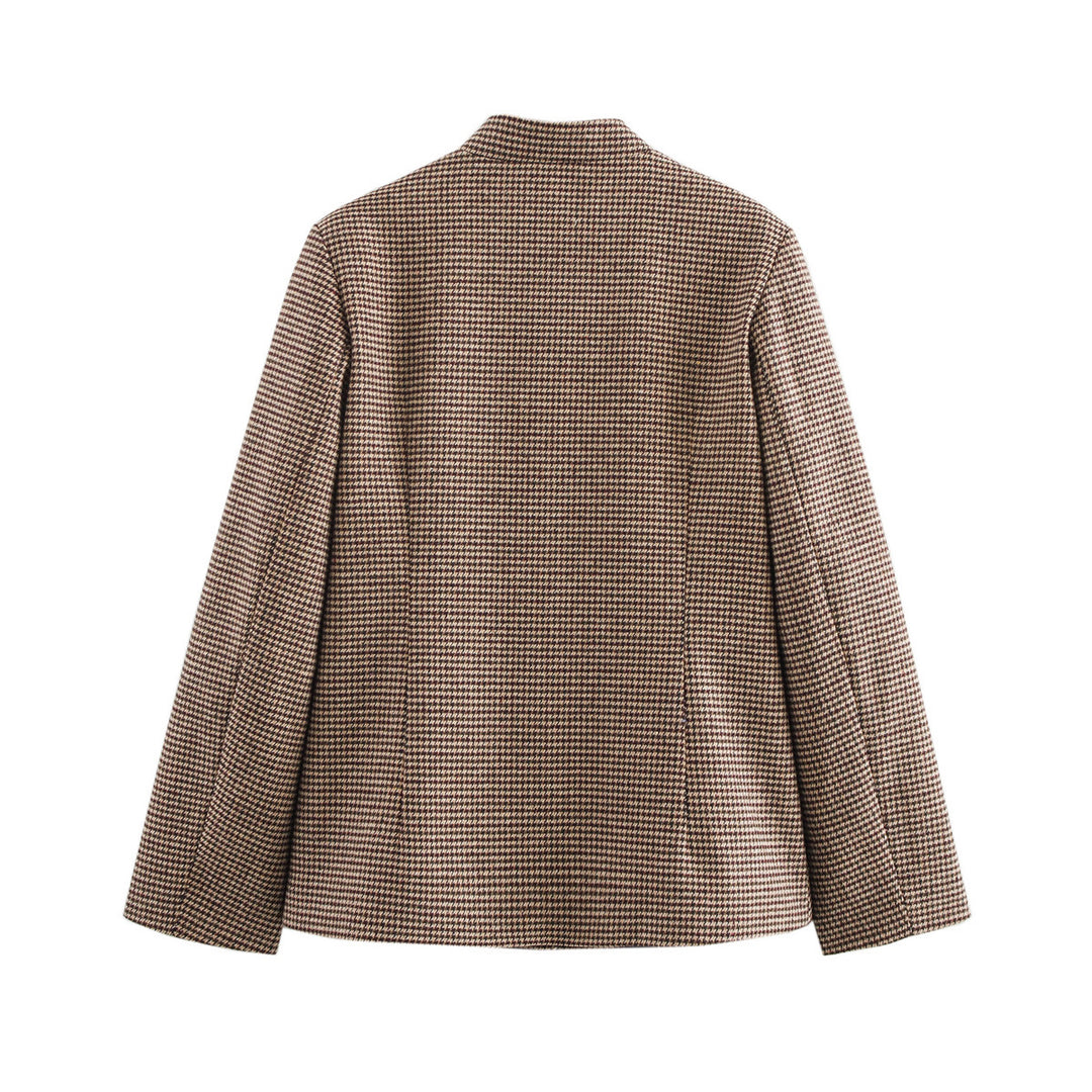 Damen elegante Karojacke mit durchgehender Knopfleiste und praktischen Taschen Drune