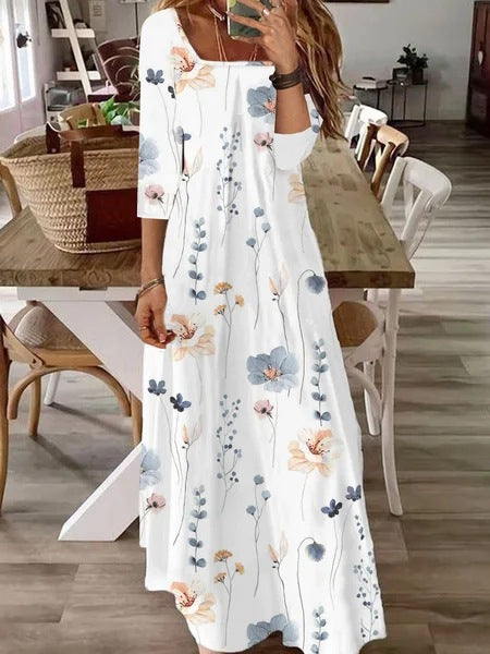 Damen Fließendes Maxikleid mit Dreiviertelärmeln, U-Boot-Ausschnitt und floralem Alloverprint Drune