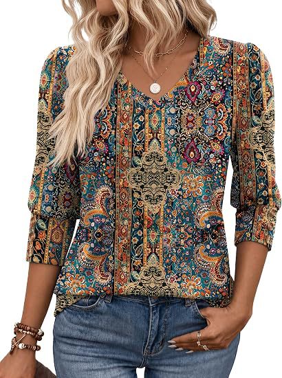 Damen Leopardenmuster V‑Neck Bluse mit 3/4-Ärmeln und geraffter Vorderpartie Drune