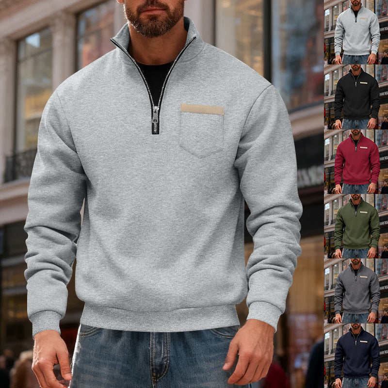 Herren nan Sweatshirt mit halbem Reißverschluss Stehkragen und Brusttasche Drune