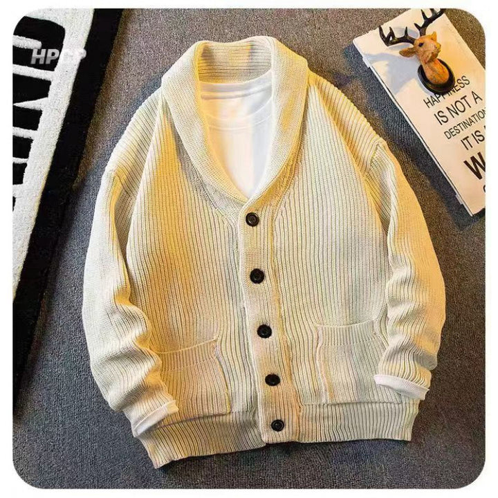 Herren Schalkragen-Cardigan aus grobem Rippstrick mit Taschen & Knopfleiste Drune