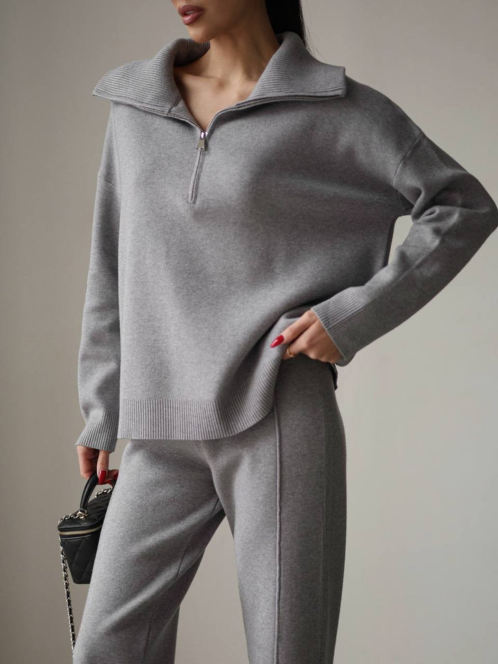 Damen elegantes Sweatshirt- und Jogginghose-Set mit hohem Kragen und Reißverschluss Drune