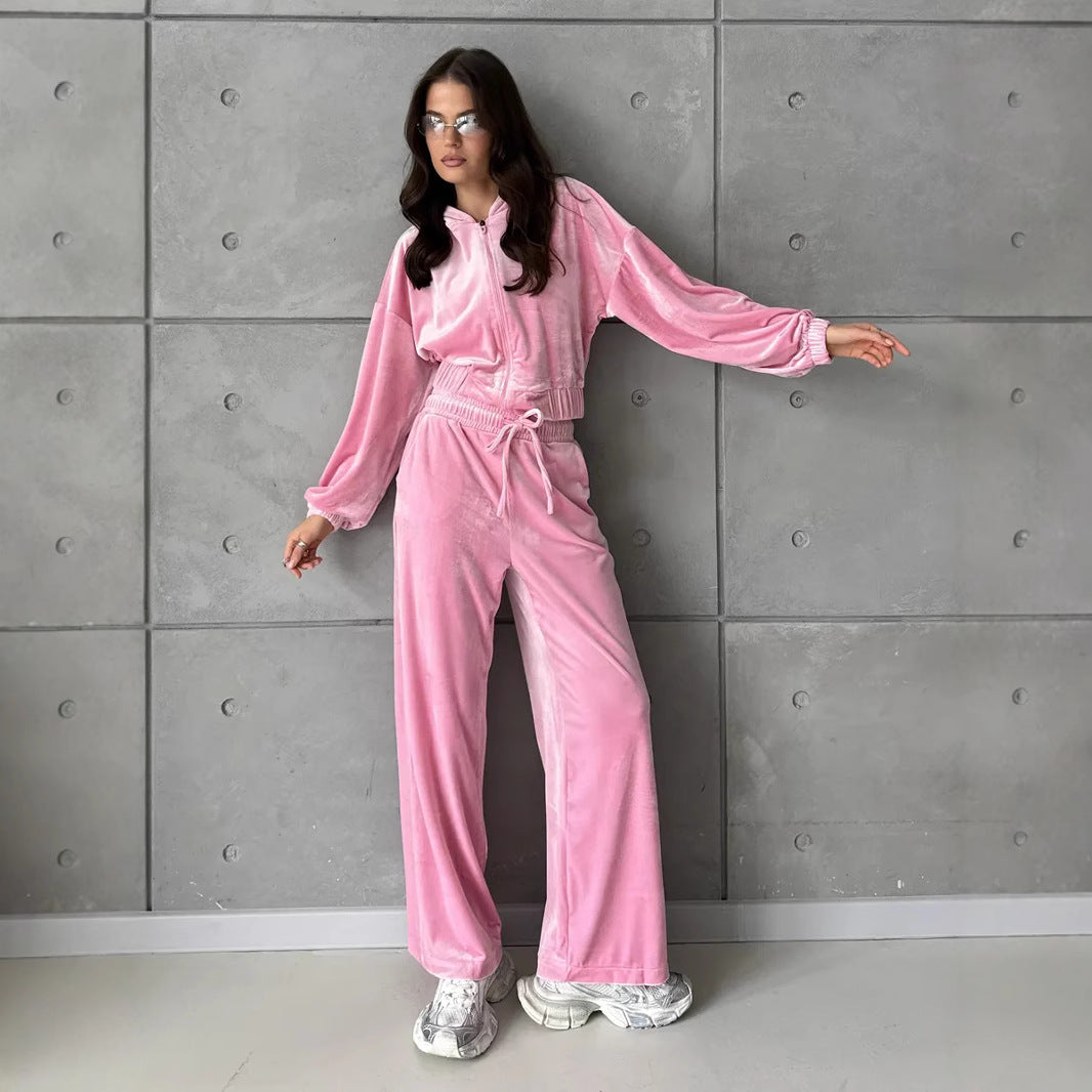 Damen weiches Velours-Lounge-Set mit kurzer Reißverschluss-Kapuzenjacke und weiter High-Waist-Hose Drune