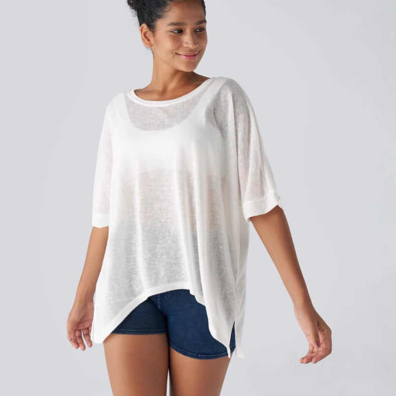 Damen lässiges Oversized T-Shirt mit seitlichen Schlitzen und umgeschlagenen Ärmeln Drune