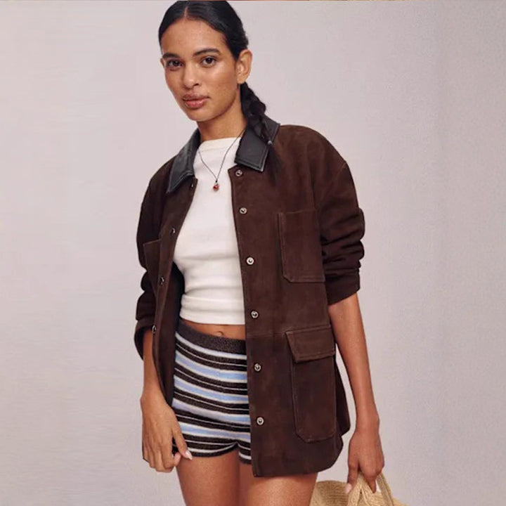 Damen Oversize-Utility-Jacke aus Veloursleder‑Optik mit Kontrastkragen & aufgesetzten Pattentaschen Drune