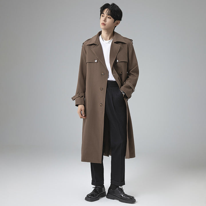 Herren Moderner Maxilanger Doppelreihiger Trenchcoat mit klassischem Revers und verstellbaren Manschetten Drune