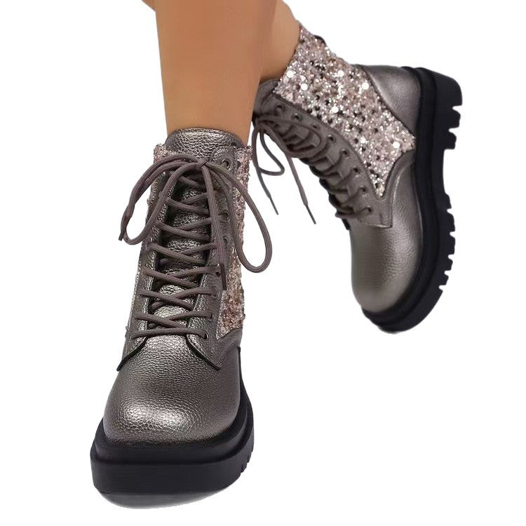 Damen nan glitzernde Schnür-Bikerboots mit robust profilierter Sohle und metallisch genarbter Oberfläche Drune