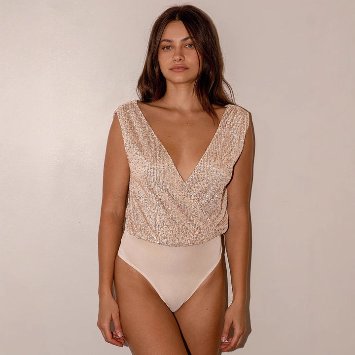 Damen Pailletten Bodysuit mit tiefem V-Ausschnitt Drune