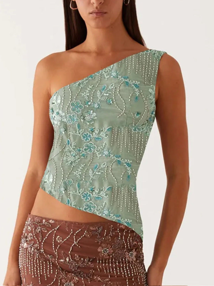 Damen asymmetrisches Oberteil mit floralem Strassdesign Drune