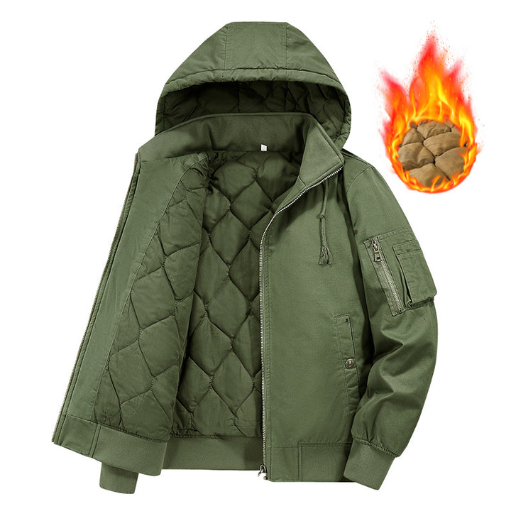 Herren Isolierte Kapuzen‑Bomberjacke mit gesteppter Thermofütterung und Ärmel‑Utilitytasche Drune