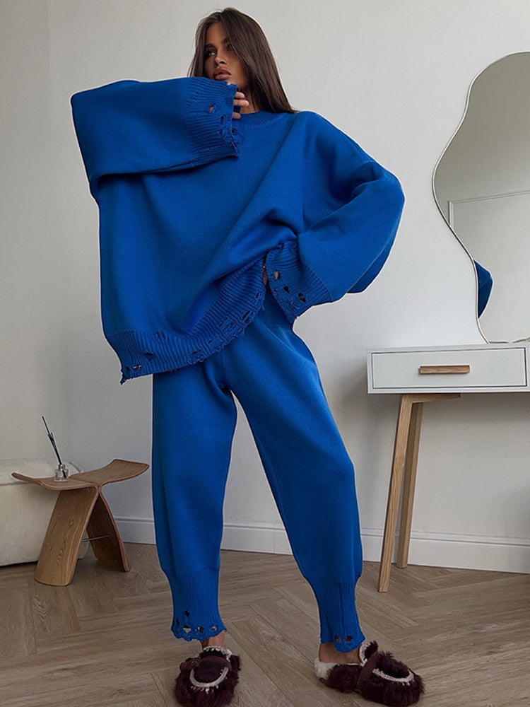 Damen Oversize-Strickset aus Feinstrick mit Destroyed-Saum, weitem Pullover und legerer Schlupfhose Drune