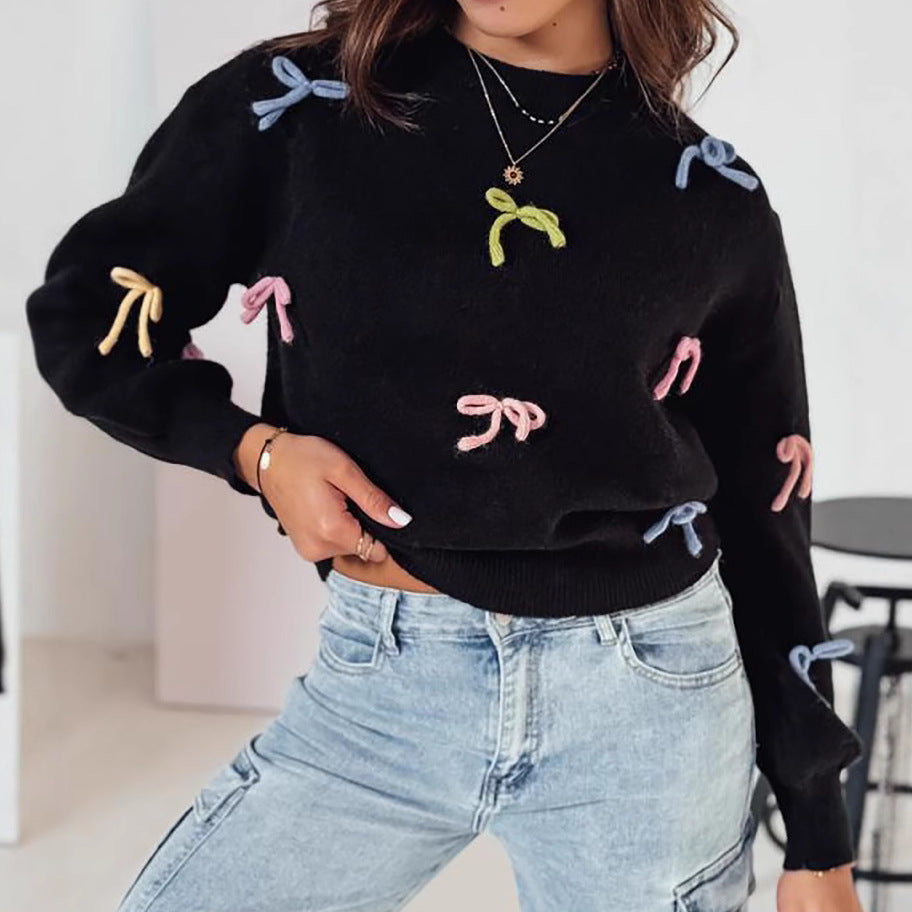 Damen Strickpullover mit verspielten Schleifenapplikationen und lässigem Schnitt Drune