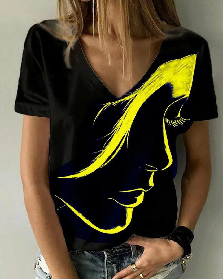 Damen V-Ausschnitt T-Shirt mit kreativem Grafikdruck Drune