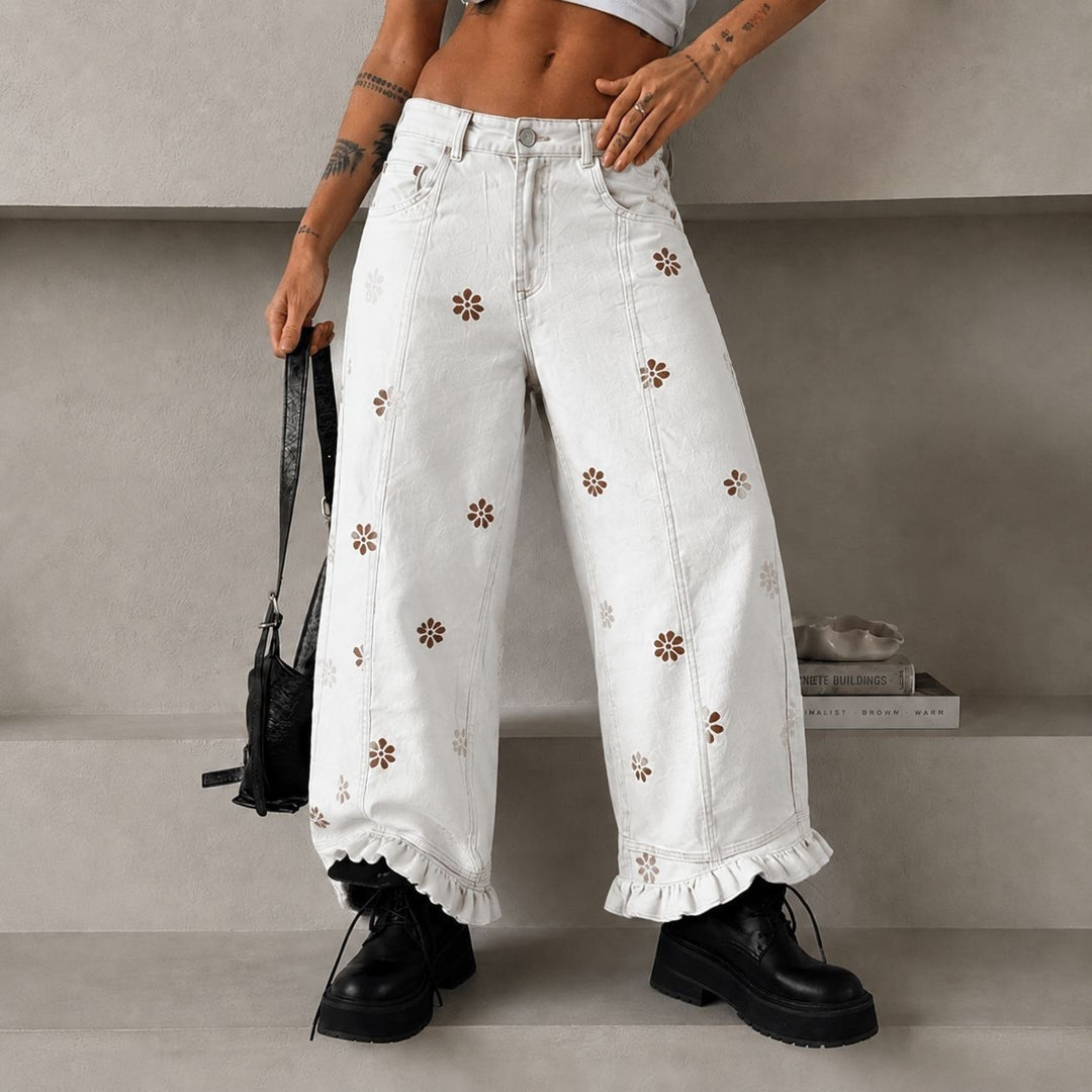 Damen weite Denimhose mit Gänseblümchen-Print, hohem Bund und Rüschenabschluss Drune