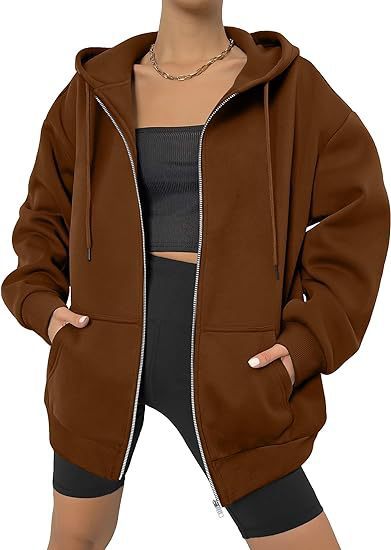 Damen nan oversized Zip-Kapuzenjacke mit kontrastierendem Reißverschluss, doppellagiger Kapuze und Kängurutasche Drune