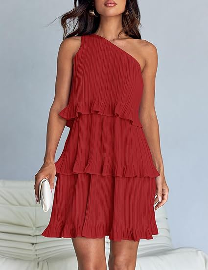 Damen Ärmelloses plissiertes Stufenkleid mit asymmetrischer Schulterpartie Drune