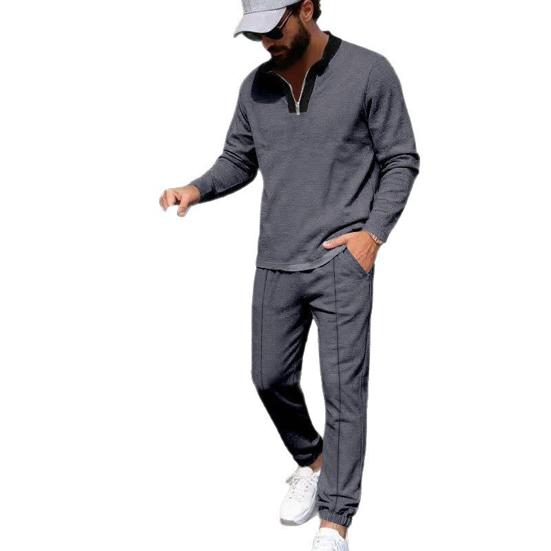 Herren Leichtes Henley-Loungewear-Set mit Kontrastkragen, Tunnelzug-Jogger und elastischen Bündchen Drune