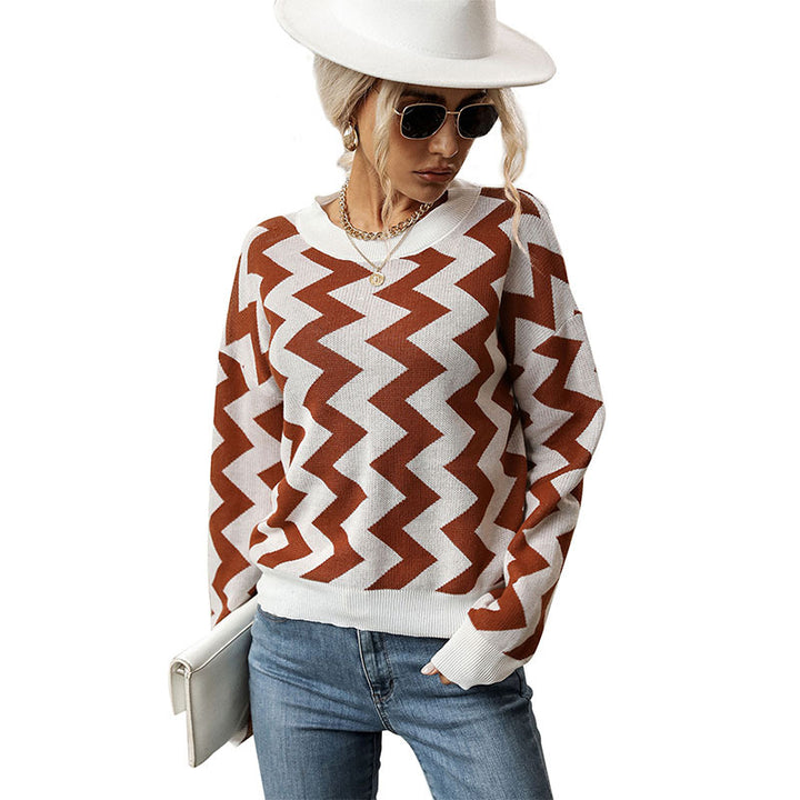 Damen figurfreundlicher Feinstrickpullover mit Zickzack‑Jacquard und Rundhalsausschnitt Drune