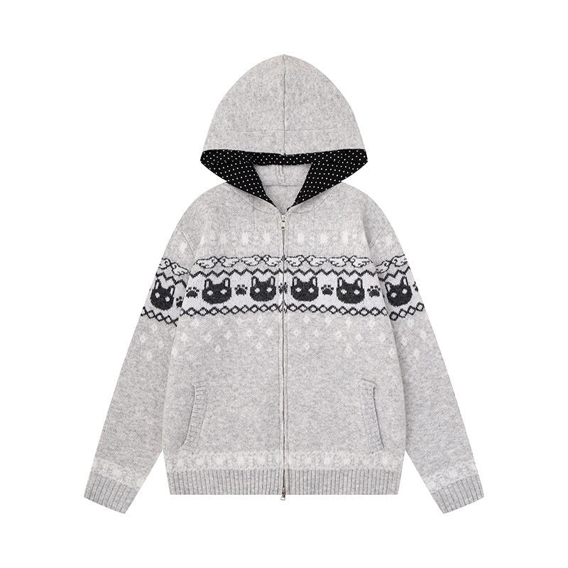 Damen Kapuzen-Strickjacke mit Norwegermuster, zweifachem Reißverschluss und Kängurutaschen Drune