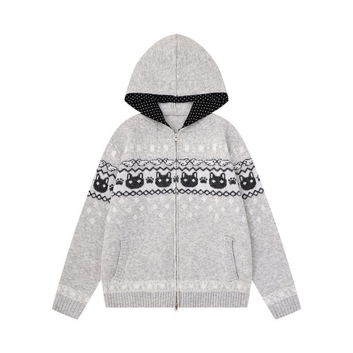 Damen Kapuzen-Strickjacke mit Norwegermuster, zweifachem Reißverschluss und Kängurutaschen Drune