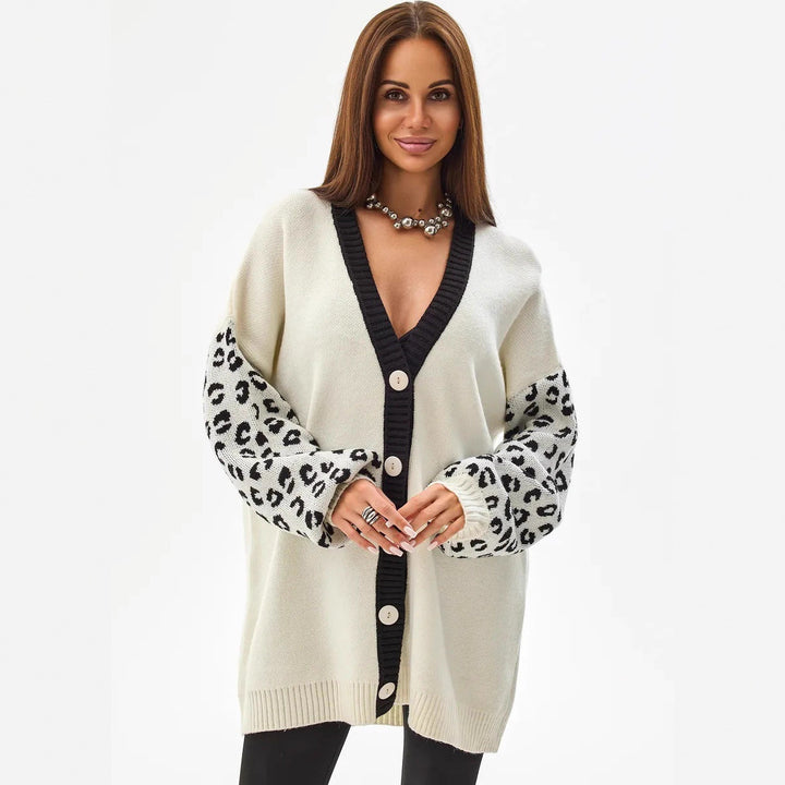 Damen Strickjacke mit modernem Leopardenmuster und tiefem V-Ausschnitt Drune