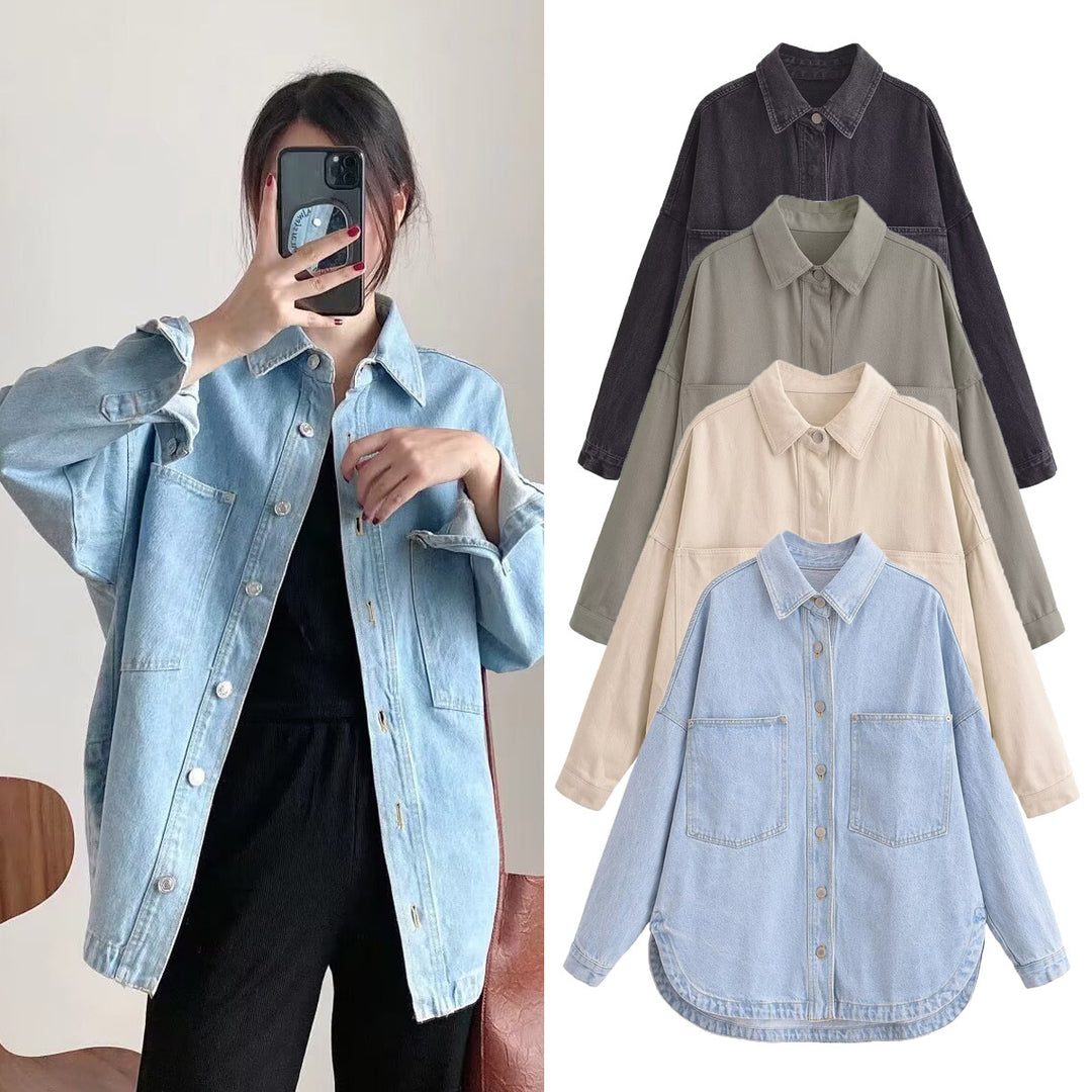 Damen Oversize Jeanshemd‑Jacke mit aufgesetzten Taschen und abgerundetem Saum Drune