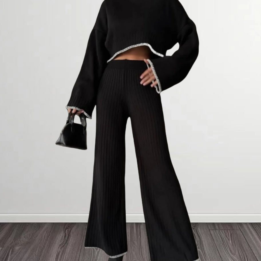 Damen elegantes Strickanzug mit weitem Bein und romantischen Ärmeln Drune