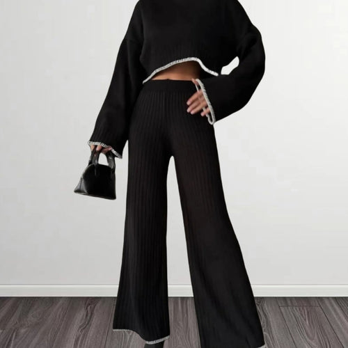Damen elegantes Strickanzug mit weitem Bein und romantischen Ärmeln Drune