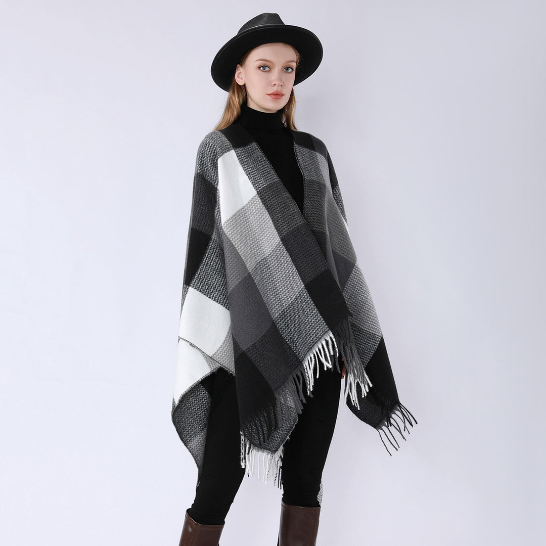 Damen Weichfallender Oversize-Poncho im Plaid-Webmuster mit V-Kragen und Fransensaum Drune