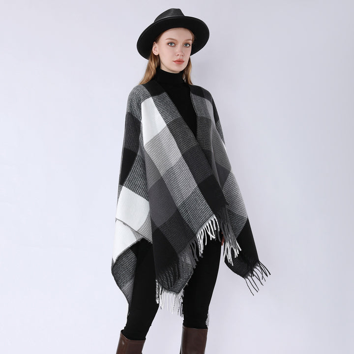 Damen Weichfallender Oversize-Poncho im Plaid-Webmuster mit V-Kragen und Fransensaum Drune