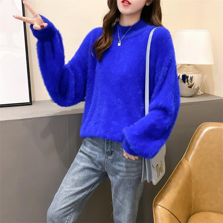 Damen Flauschiger Mohair-Mix Pullover mit Stehkragen und Oversize-Silhouette Drune