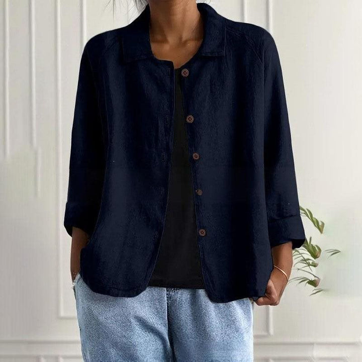 Damen Oversized Leinen-Hemdjacke mit Hemdkragen, 3/4-Ärmeln und durchgehender Knopfleiste Drune