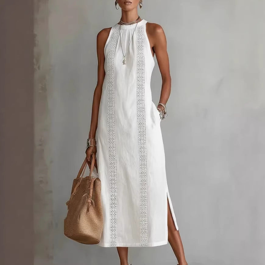 Damen Elegantes Sommer-Maxi-Kleid mit Spitzenapplikation und seitlichem Schlitz Drune