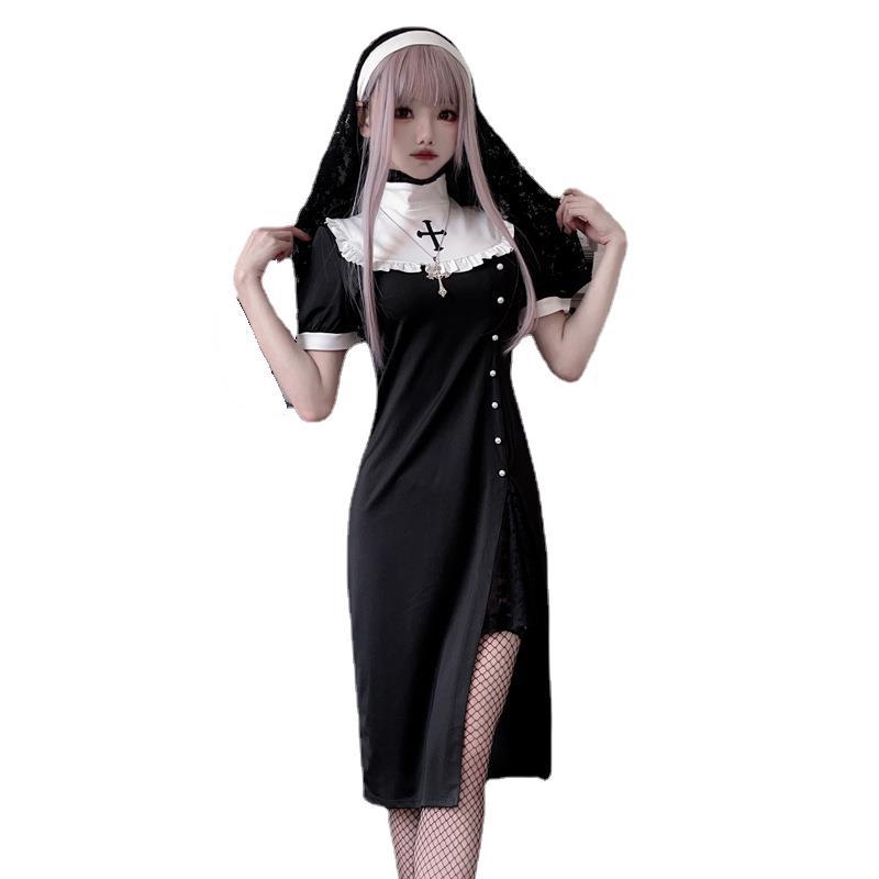 Damen Gothic Nonnenkostüm mit transparenten Spitzenärmeln und Kreuzdetails Drune