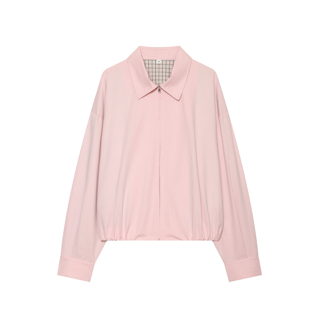 Damen Cropped Bomberjacke mit Hemdkragen, elastischem Saum und kariertem Futter Drune