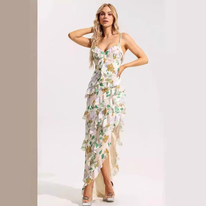 Damen Rüschenmaxikleid mit floralem Muster und tiefem Beinschlitz Drune