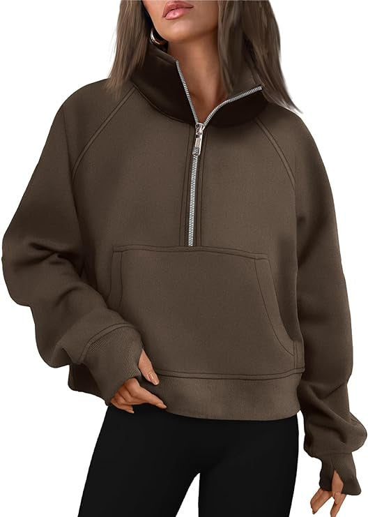 Damen nan verkürztes Oversize-Fleece-Sweat mit halbem Reißverschluss, Stehkragen, Kängurutasche und Daumenlochbündchen Drune